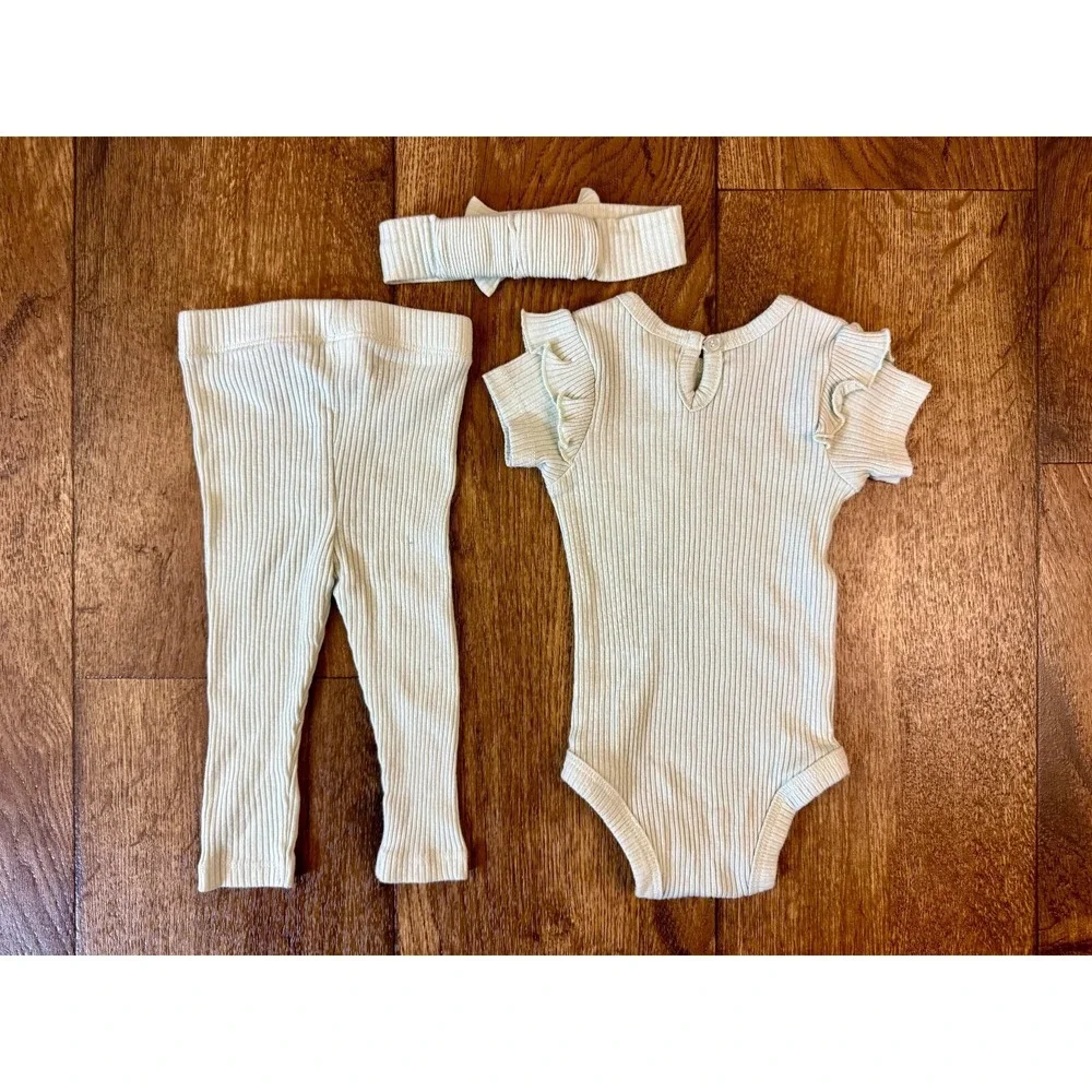Disney Baby Minnie Mouse 3/6 Months 3 Piece Outfit Green‎ Shirt Pants Headband